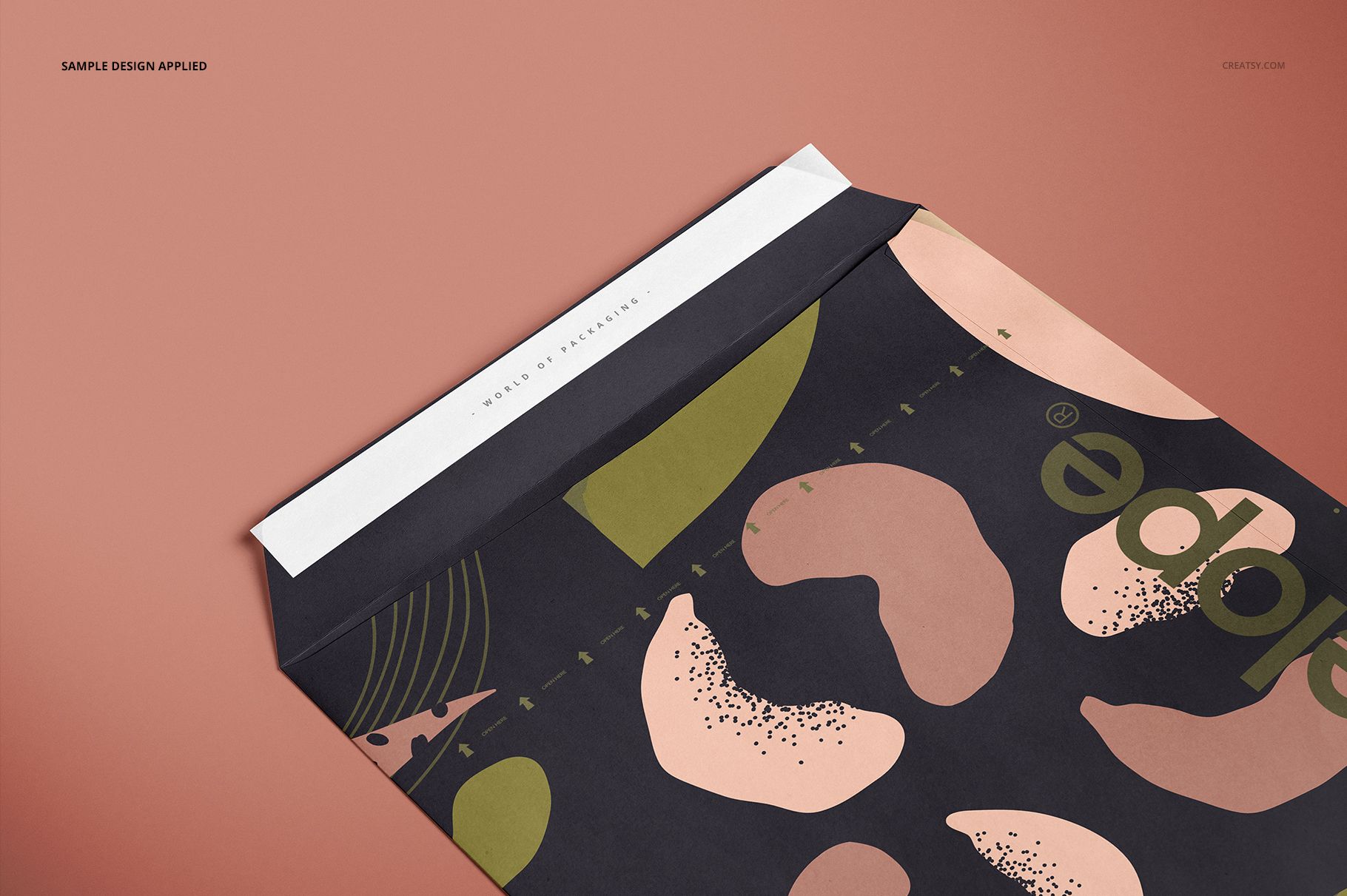 Envelope mockup featuring bold abstract shapes in green and beige, displayed partially open on a matte brown background.