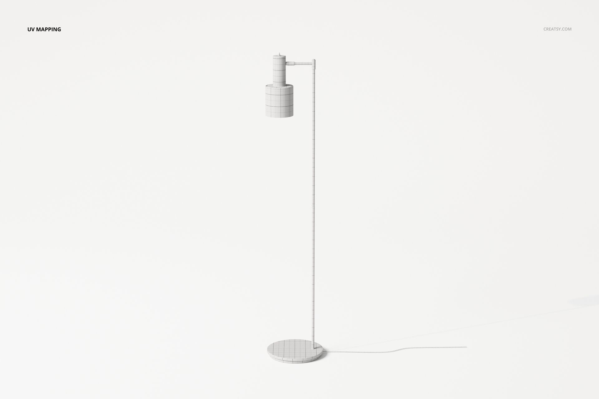 Minimalist geometric floor lamp with cylindrical shade and slim vertical stand, shown on a plain white background.