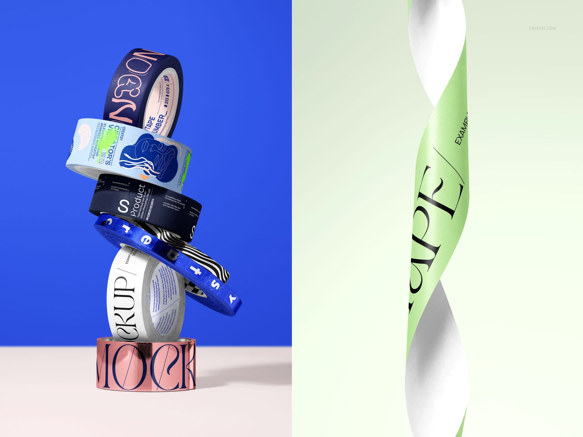 Two packaging tape mockups, one with stacked rolls in blue and pink, and one with a twisted green tape on light background.