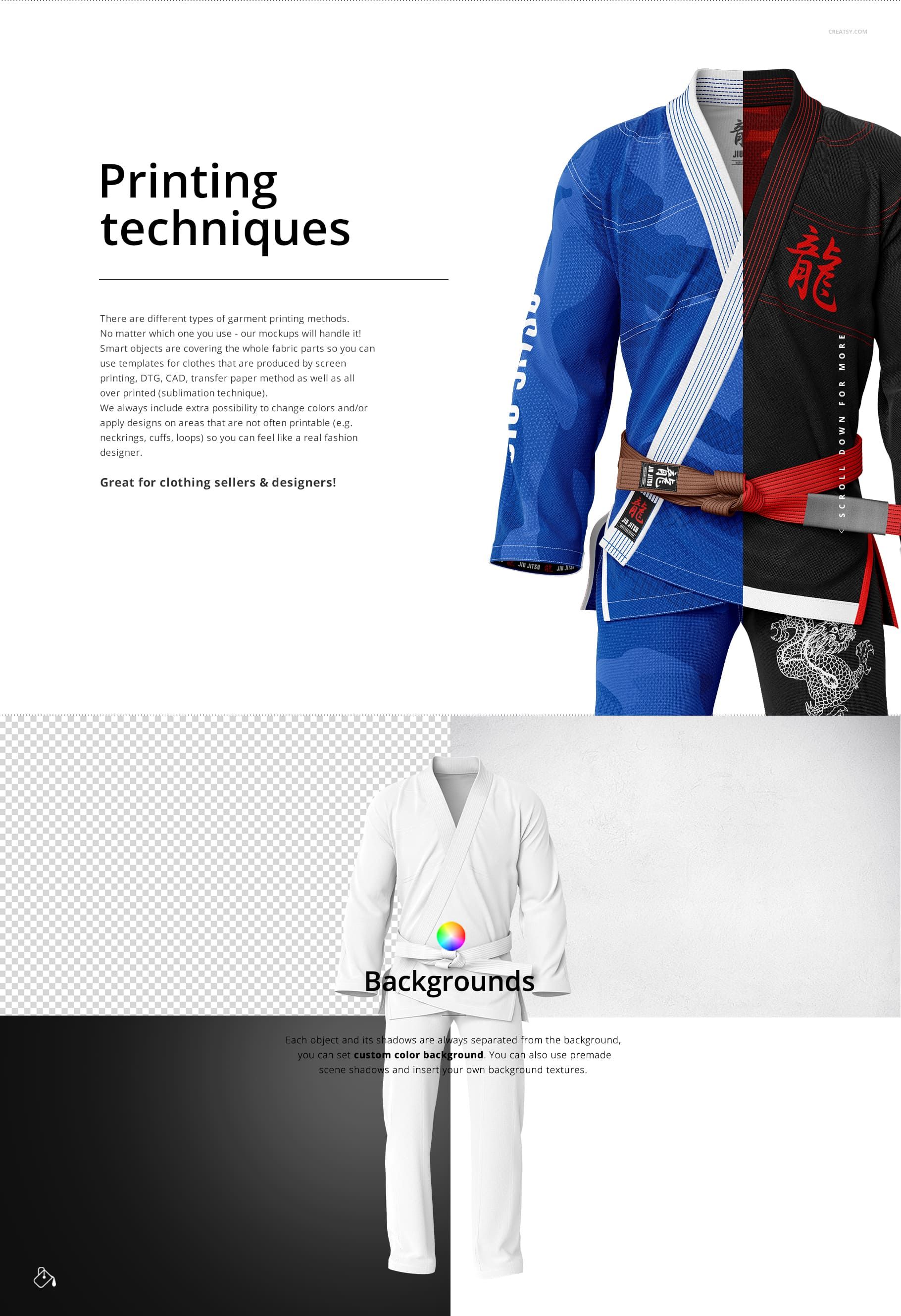 Front view of a Brazilian Jiu Jitsu uniform mockup set, showing split designs with blue, black, and white colors.
