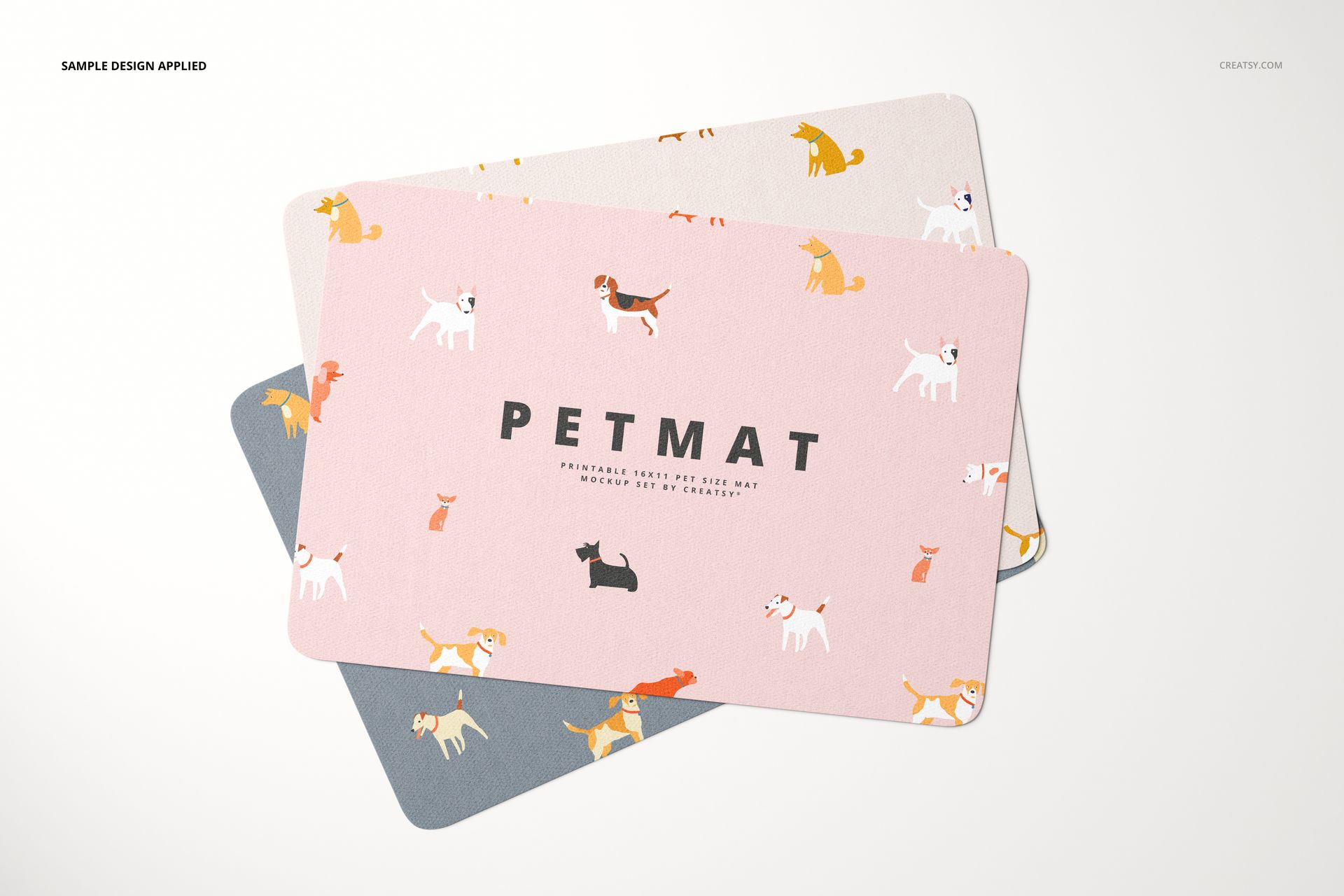 Three rectangular pet door mats displayed in a layered arrangement, each featuring playful dog illustrations and pastel backgrounds.