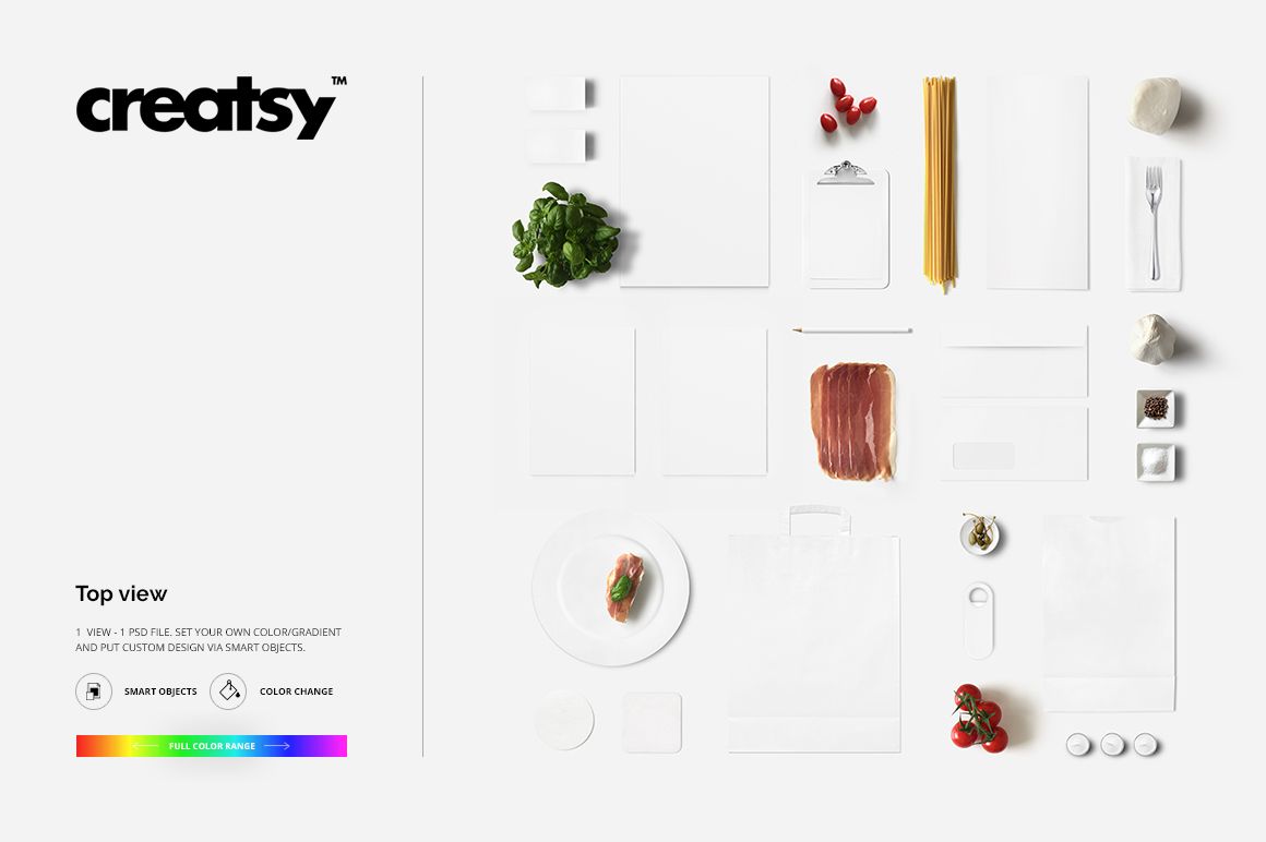 Top view of Italian restaurant stationery mockup with blank paper items, pasta, herbs, tomatoes, and food ingredients on white background.