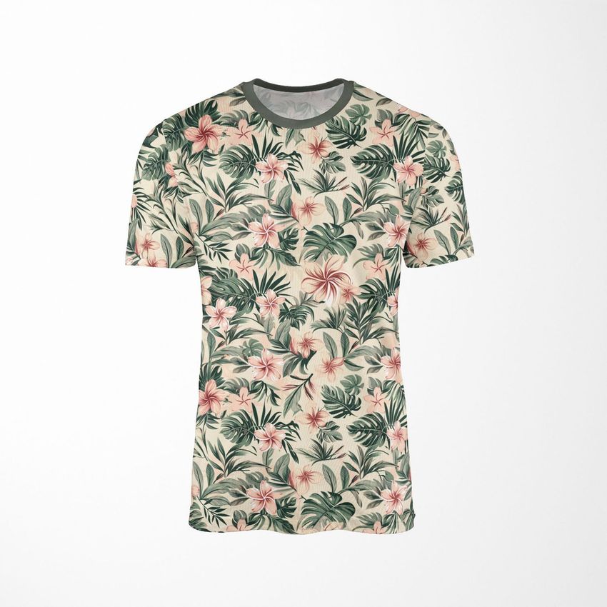 Men’s t-shirt mockup featuring an all-over tropical floral pattern with pink flowers and green leaves on a light background.
