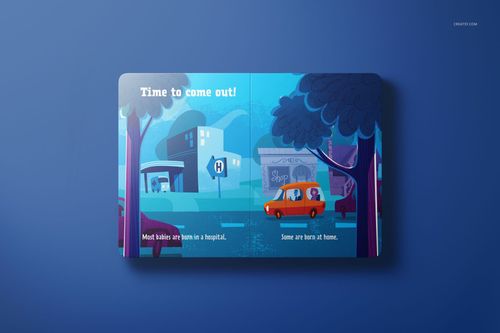Open board book mockup showing illustrated city scene with orange car, hospital sign, and trees on blue background.