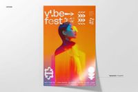 Front view of a vibrant poster mockup featuring abstract geometric shapes and bold orange, pink, and purple gradients.