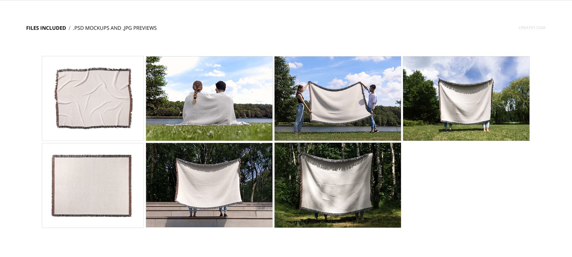 Jacquard fringed woven throw blanket mockup shown in various outdoor and studio settings, including front and top views.