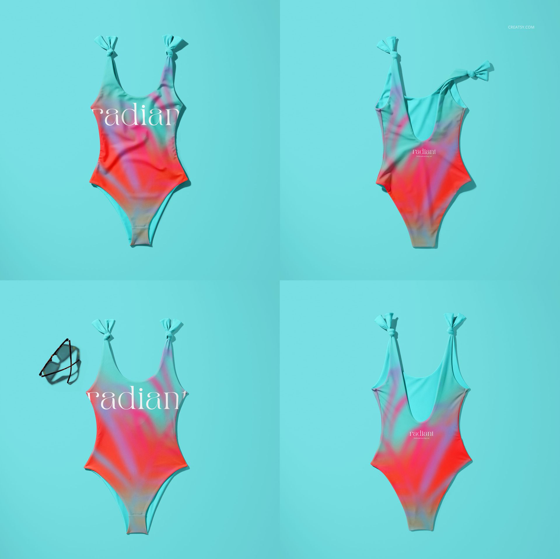 One-piece swimsuit mockup with vibrant pink and teal gradient, displayed flat on a turquoise background in four views.