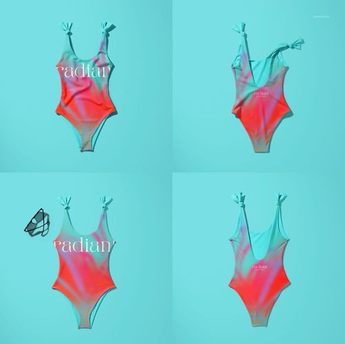 One-piece swimsuit mockup with vibrant pink and teal gradient, displayed flat on a turquoise background in four views.