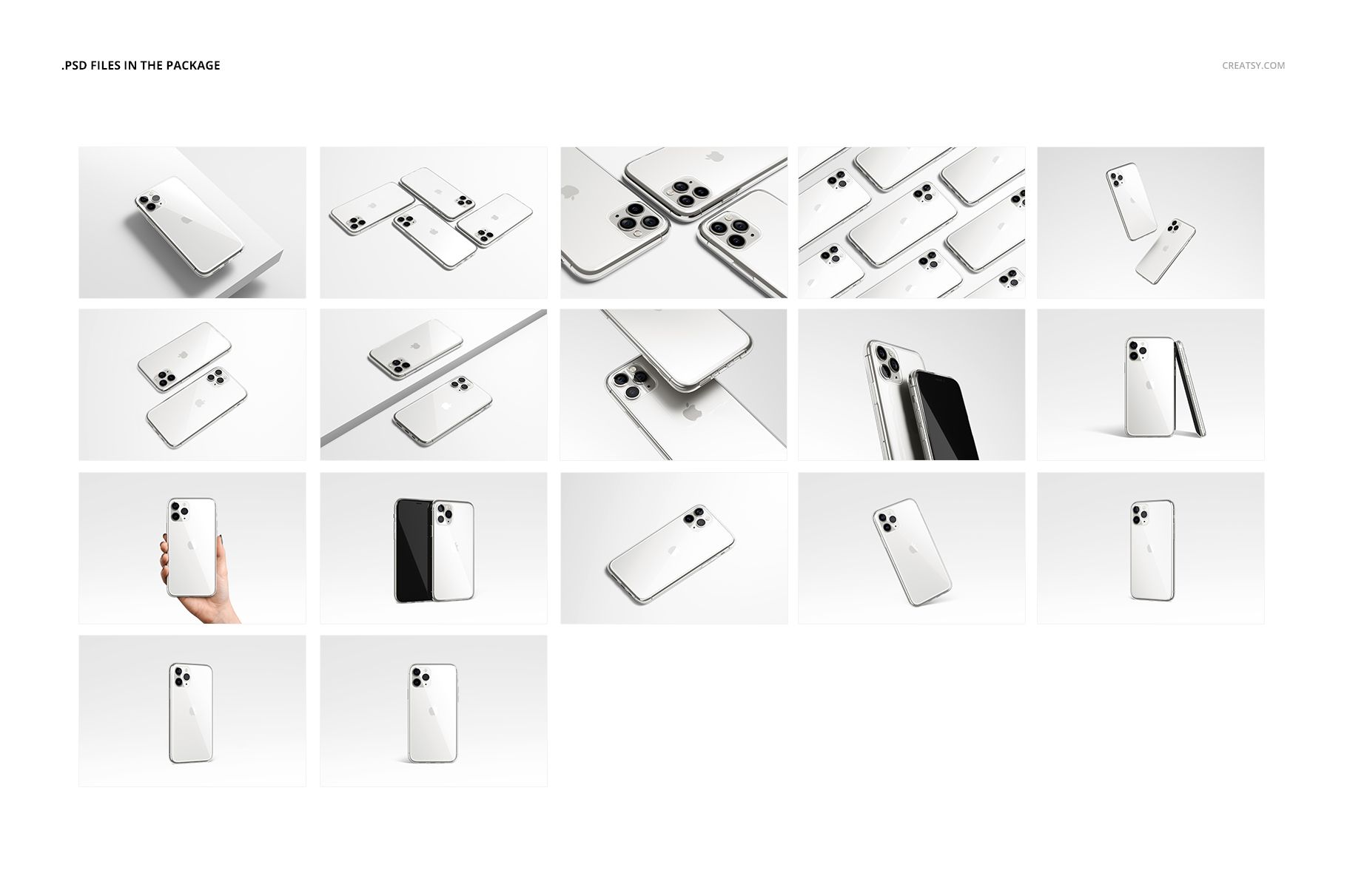 Multiple iPhone 11 Pro clear case mockups shown from different perspectives, highlighting sleek transparent design.
