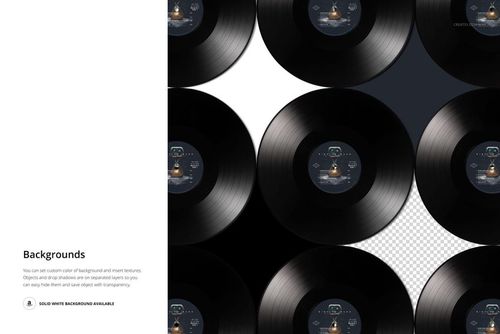 Top view of multiple black vinyl records arranged in a grid pattern on a white and transparent background mockup.