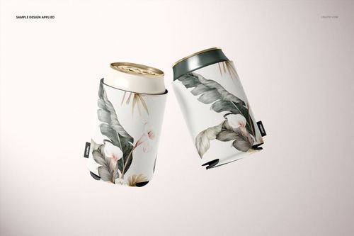 Neoprene can cooler PSD mockup set with floral and leaf motifs, displayed in a minimal, light-colored scene.