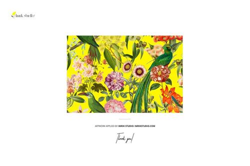 Silk scarf mockup featuring a vibrant floral and bird pattern on a bright yellow background, shown front view.