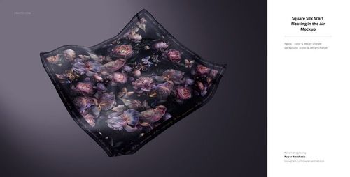 Square silk scarf with a dark floral pattern floating above a neutral background, shown in a fabric mockup scene.