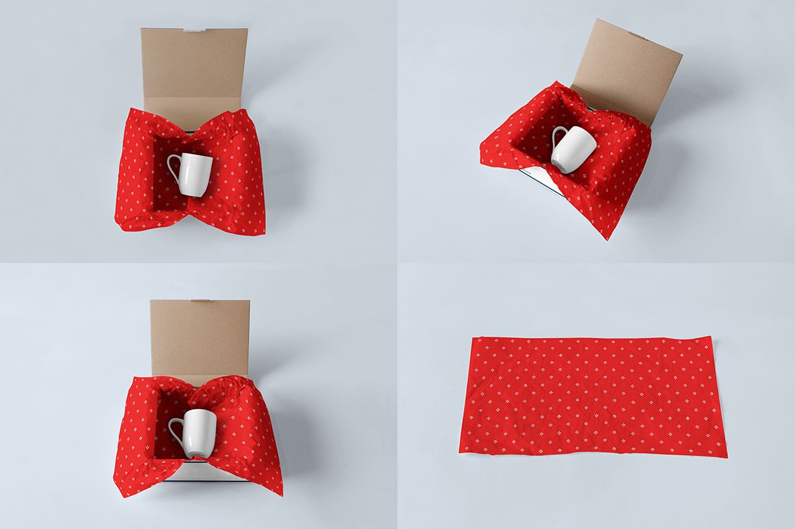 Mailing box mockup set showing three views of an open cardboard box with a white mug and red patterned fabric.