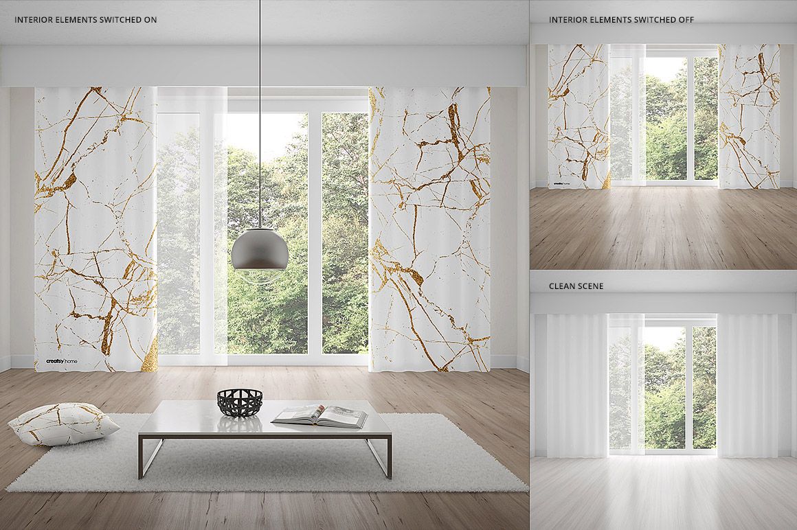 Curtains room scene mockup showing marble design curtains, sheer curtain, white table, and wood floor in a bright interior.
