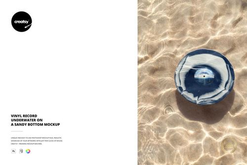 PSD mockup showing a vinyl record underwater on a light sand bottom, with reflections and shadows visible in the scene.