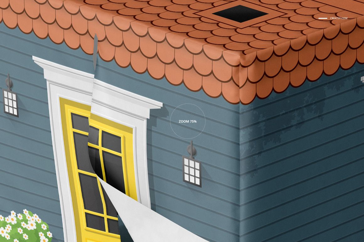 Front view of a playhouse mockup with blue siding, orange shingle roof, yellow door, and white trim details.