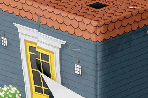 Front view of a playhouse mockup with blue siding, orange shingle roof, yellow door, and white trim details.