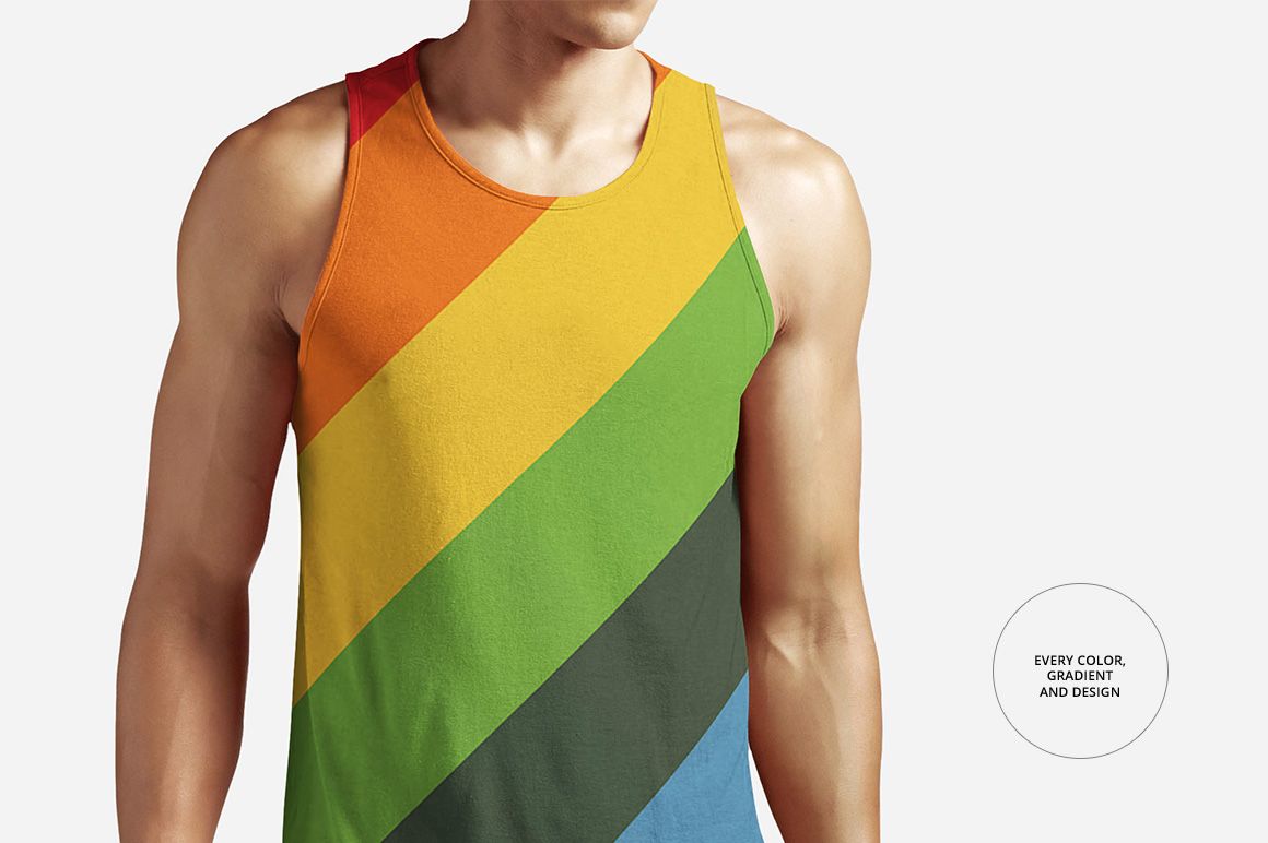 Men's tank top mockup with bold diagonal multicolor stripes, shown from the front against a plain white backdrop.