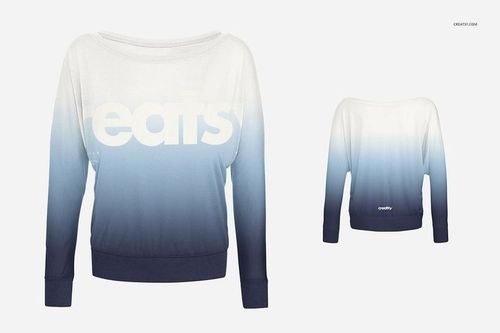 PSD mockup of a women's flowy long sleeve shirt featuring a white to blue gradient, displayed from two angles.