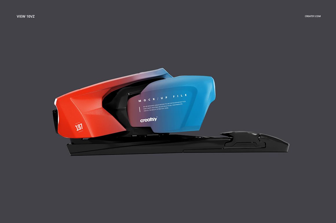 Side view of a ski binding mockup with a sleek design, featuring red, black, and blue color blocks on a dark background.