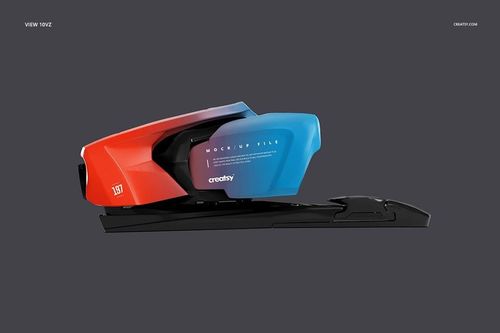 Side view of a ski binding mockup with a sleek design, featuring red, black, and blue color blocks on a dark background.