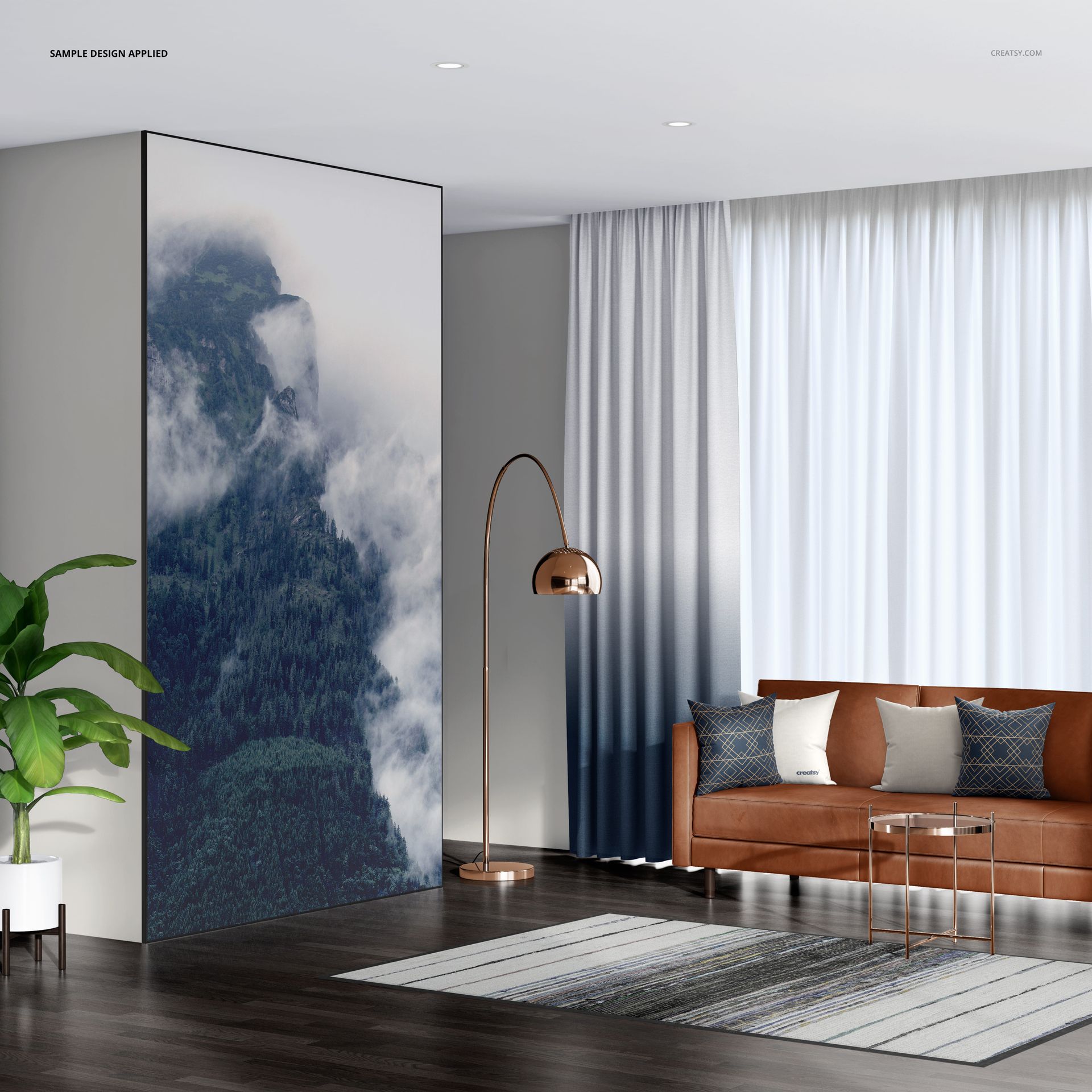 Living room PSD mockup with a large wall-mounted textile frame, patterned rug, and decorative pillows.