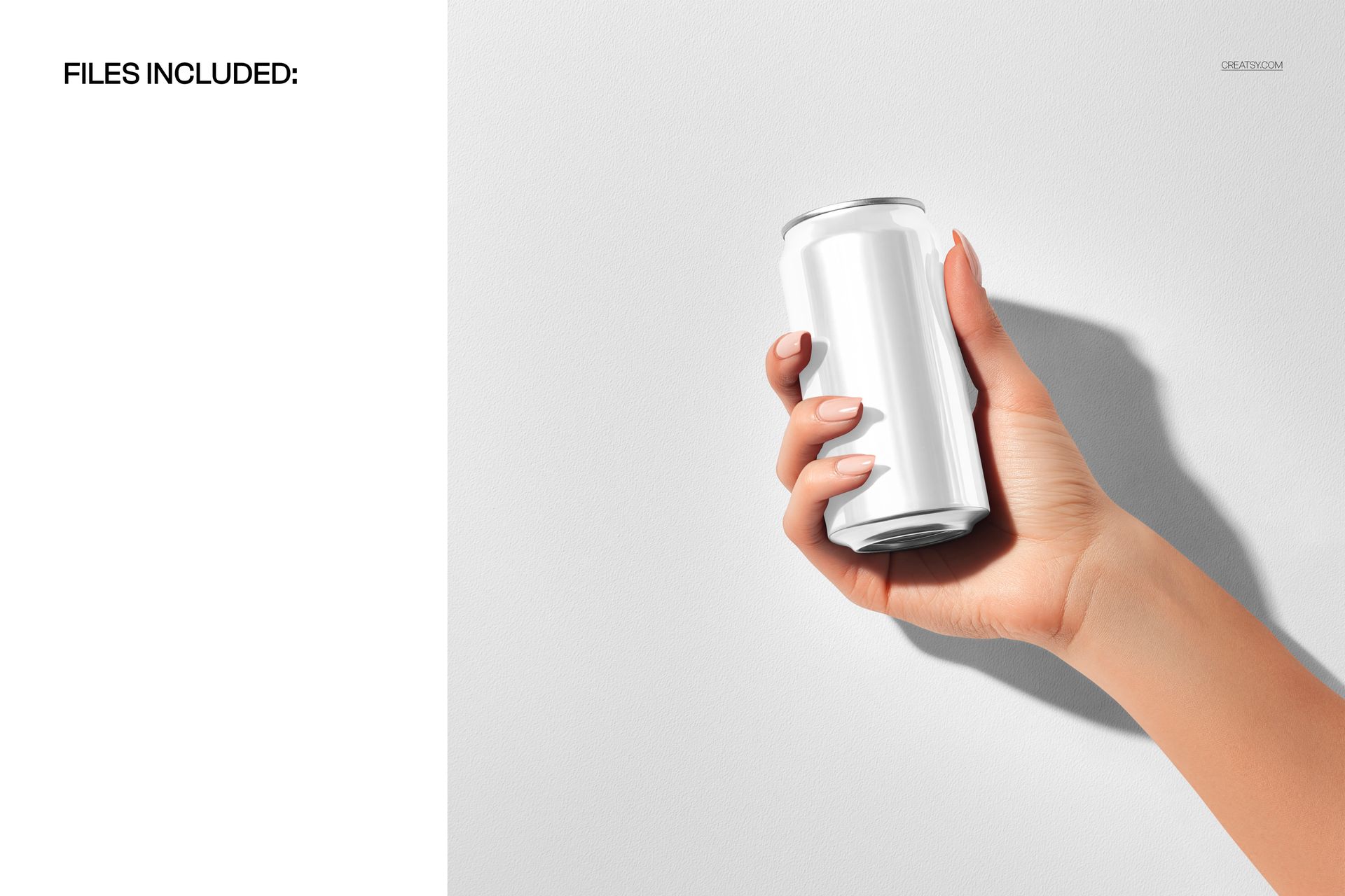 Hand holding a plain white can against a light gray background, shown in a front view for a drinkware mockup.