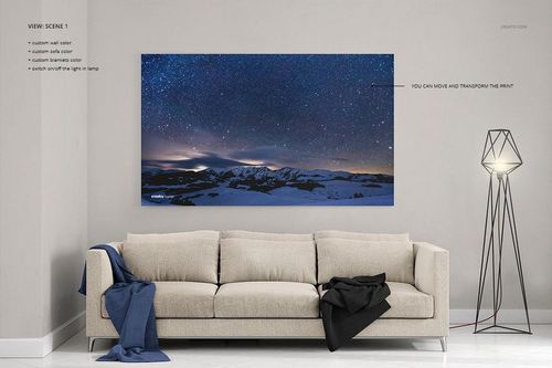 Rectangular canvas print mockup displayed above a beige sofa in a modern living room with gray walls and a floor lamp.