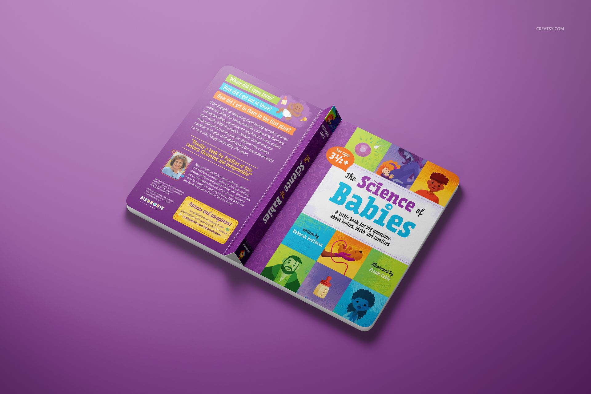 Open board book mockup showing vibrant front cover with illustrations and detailed purple back cover on a purple background.
