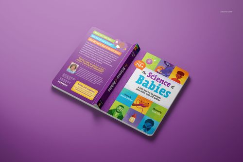 Open board book mockup showing vibrant front cover with illustrations and detailed purple back cover on a purple background.
