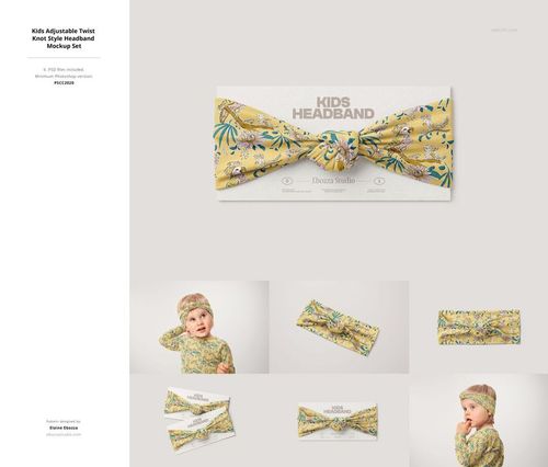 Kids headband mockup featuring a yellow twist knot design with botanical patterns, displayed on a white card.