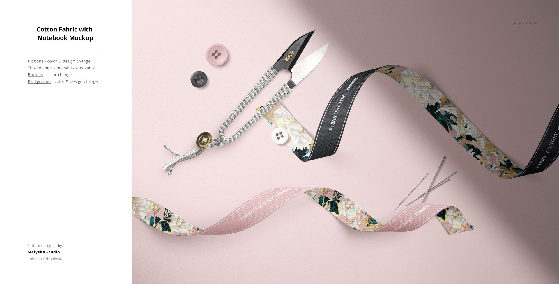 Fabric mockup featuring patterned and plain cotton strips, sewing scissors, buttons, and needles on a pink background.
