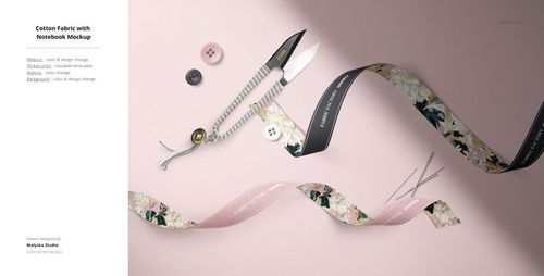 Fabric mockup featuring patterned and plain cotton strips, sewing scissors, buttons, and needles on a pink background.
