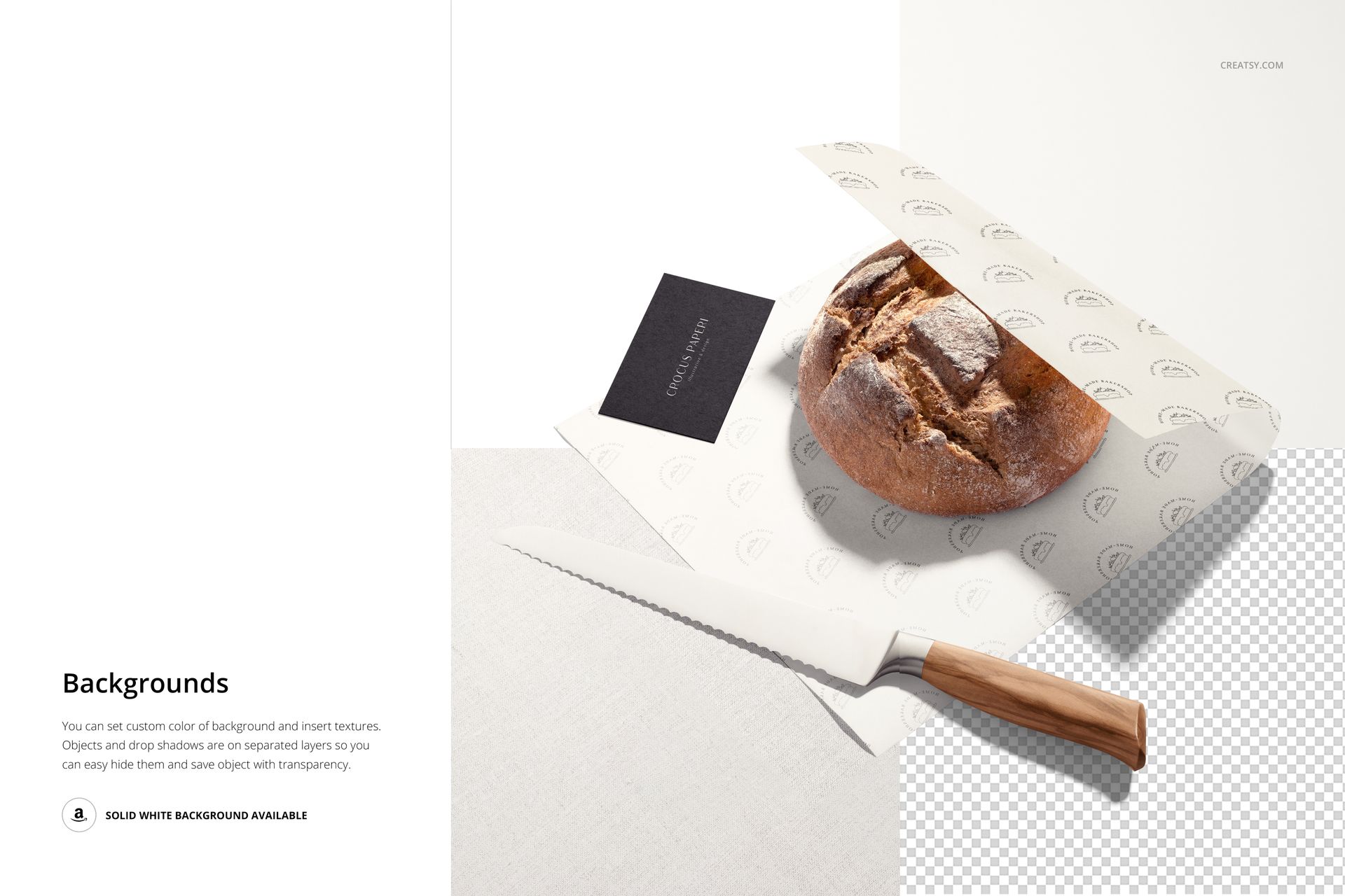 Bakery scene showing a rustic bread loaf on food safe paper mockup, accompanied by a wooden-handled bread knife.