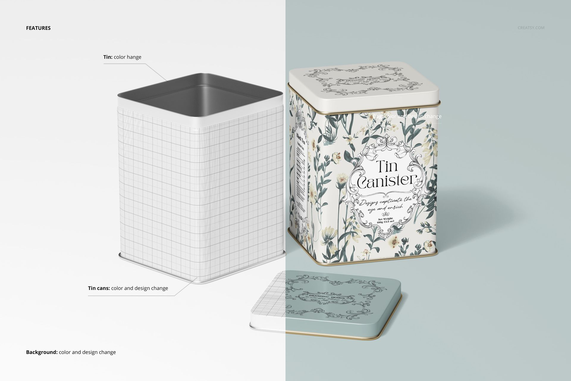 Square tin canister mockup with one half showing a grid template and the other half featuring a floral pattern design.
