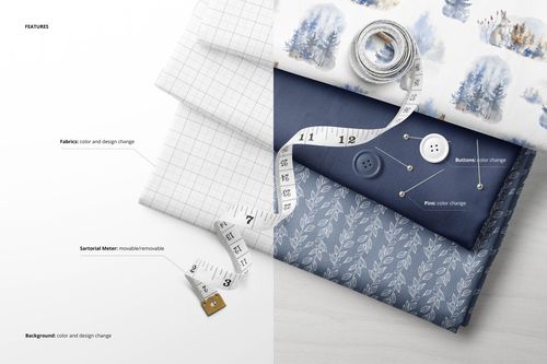 PSD mockup featuring folded textiles in different colors and prints, accompanied by buttons and a rolled measuring tape.