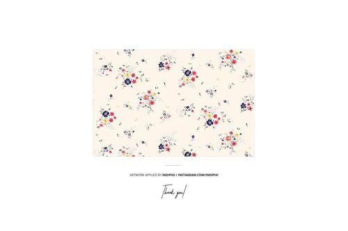 Rectangular kids apron mockup with a cream background, featuring scattered floral patterns in red, blue, and yellow.