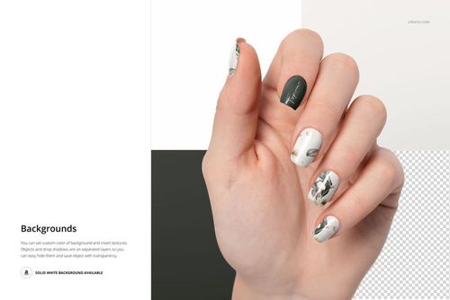 Squoval nails mockup with various nail art designs, including dark solid and floral prints, presented in a PSD format.