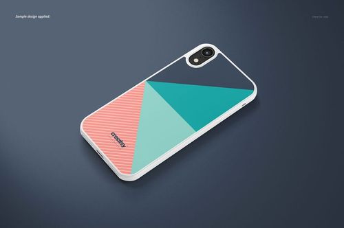 White iPhone XR case with geometric design in navy, teal, and coral, shown in a 2D mockup on a dark background.