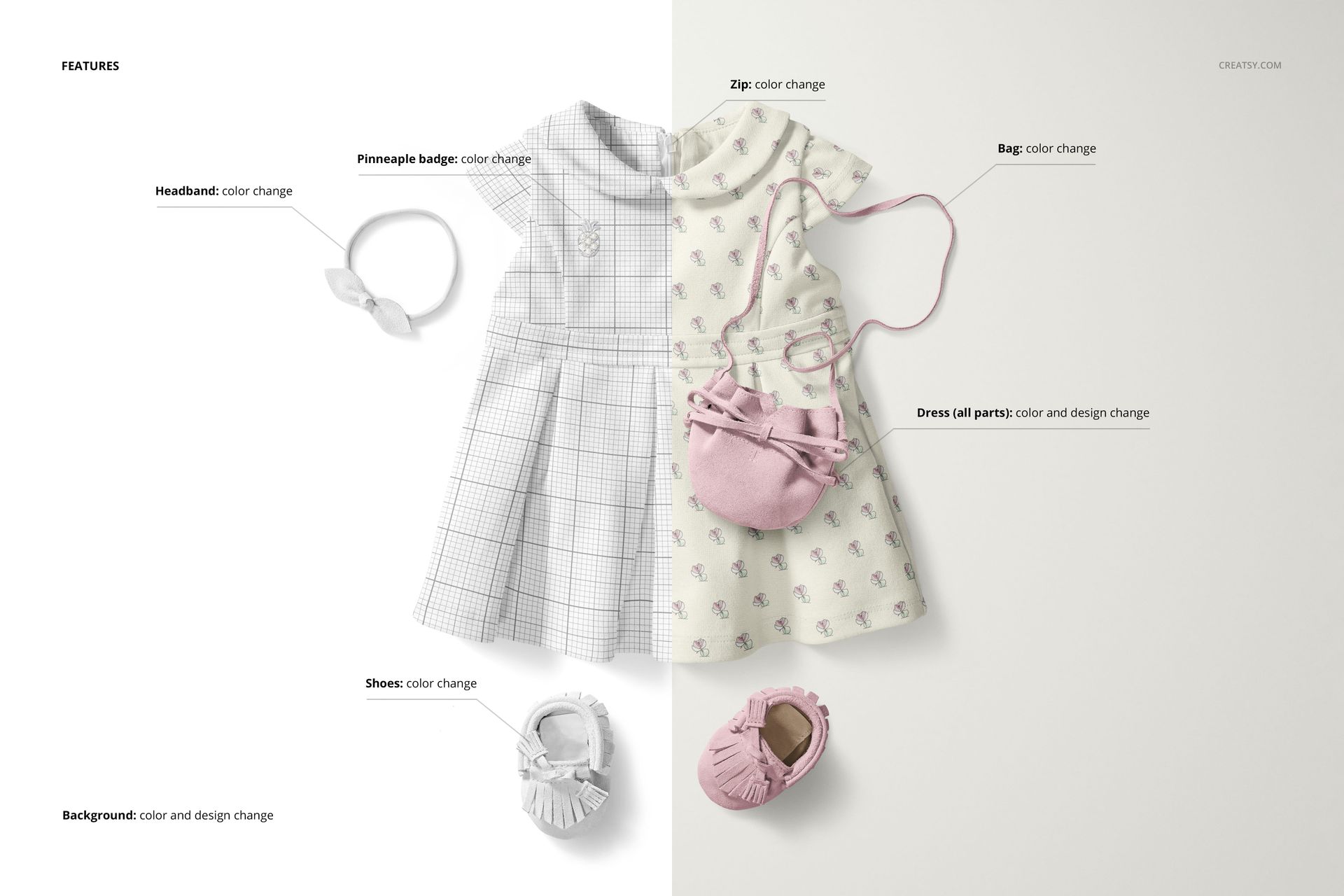 Peter Pan collar baby dress mockup set featuring two dresses, shoes, headband, and bag on a split background.