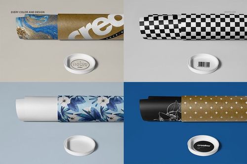 Mailing tube mockup featuring diverse designs such as geometric, floral, and abstract, each tube shown with its lid.