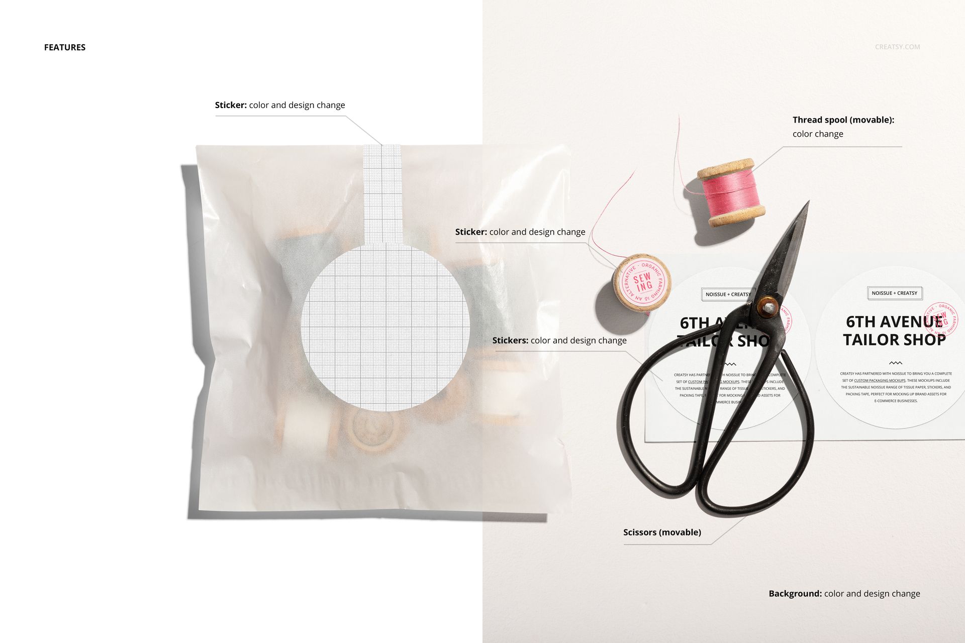 Glassine bag mockup with round stickers, scissors, and thread spools on a white background, top view.