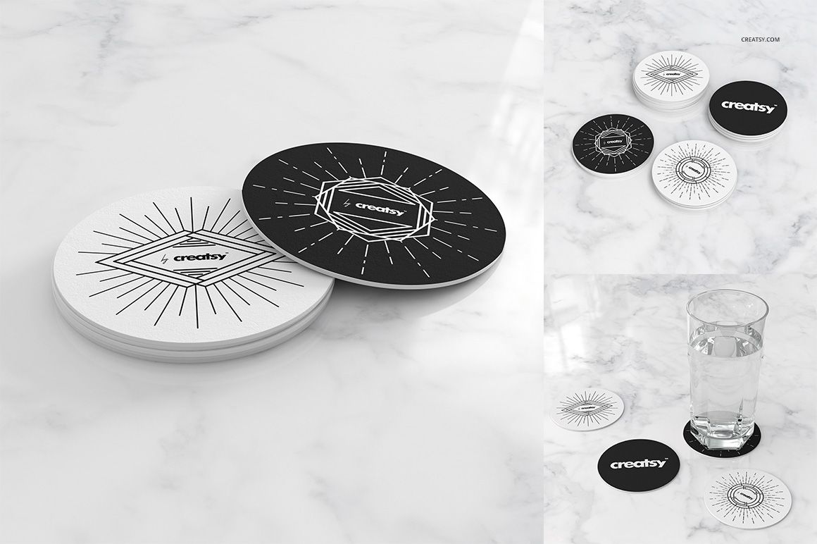 Round coasters mockup featuring black and white coasters with geometric line patterns, displayed on a marble surface.
