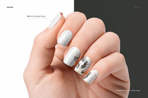 Squoval nails mockup showing a realistic hand with patterned nail art, set on a divided white and black backdrop.