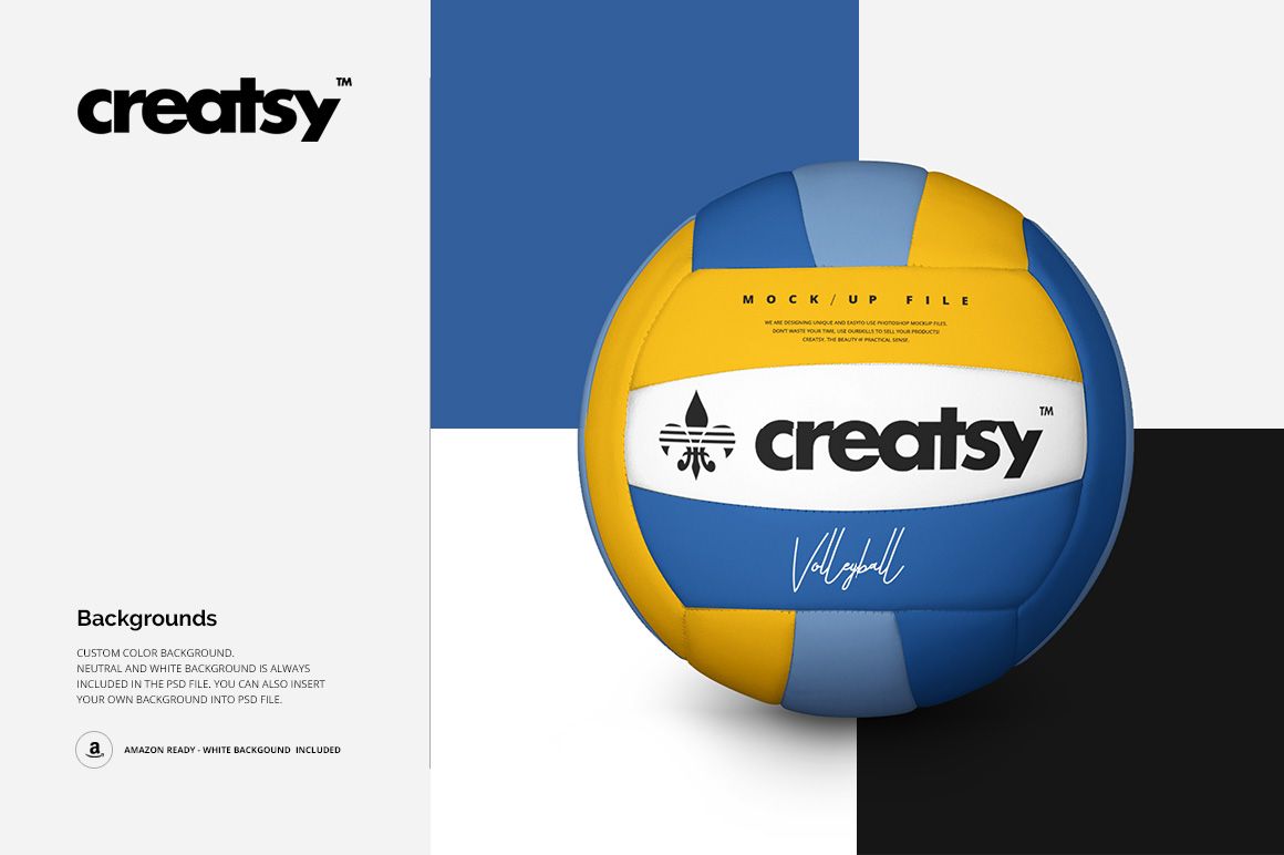 Front view of a volleyball ball with blue, yellow, and white panels on a geometric background, shown as a mockup.