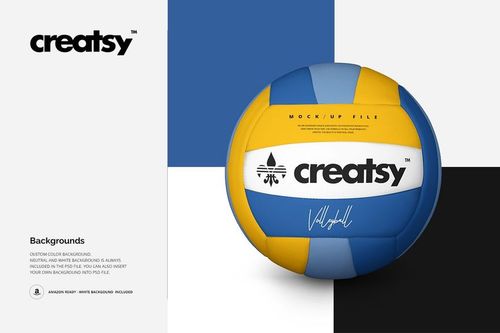 Front view of a volleyball ball with blue, yellow, and white panels on a geometric background, shown as a mockup.
