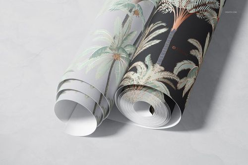 Rolled wallpaper mockup set with palm tree designs, one in light colors and one in dark, on a stone background.