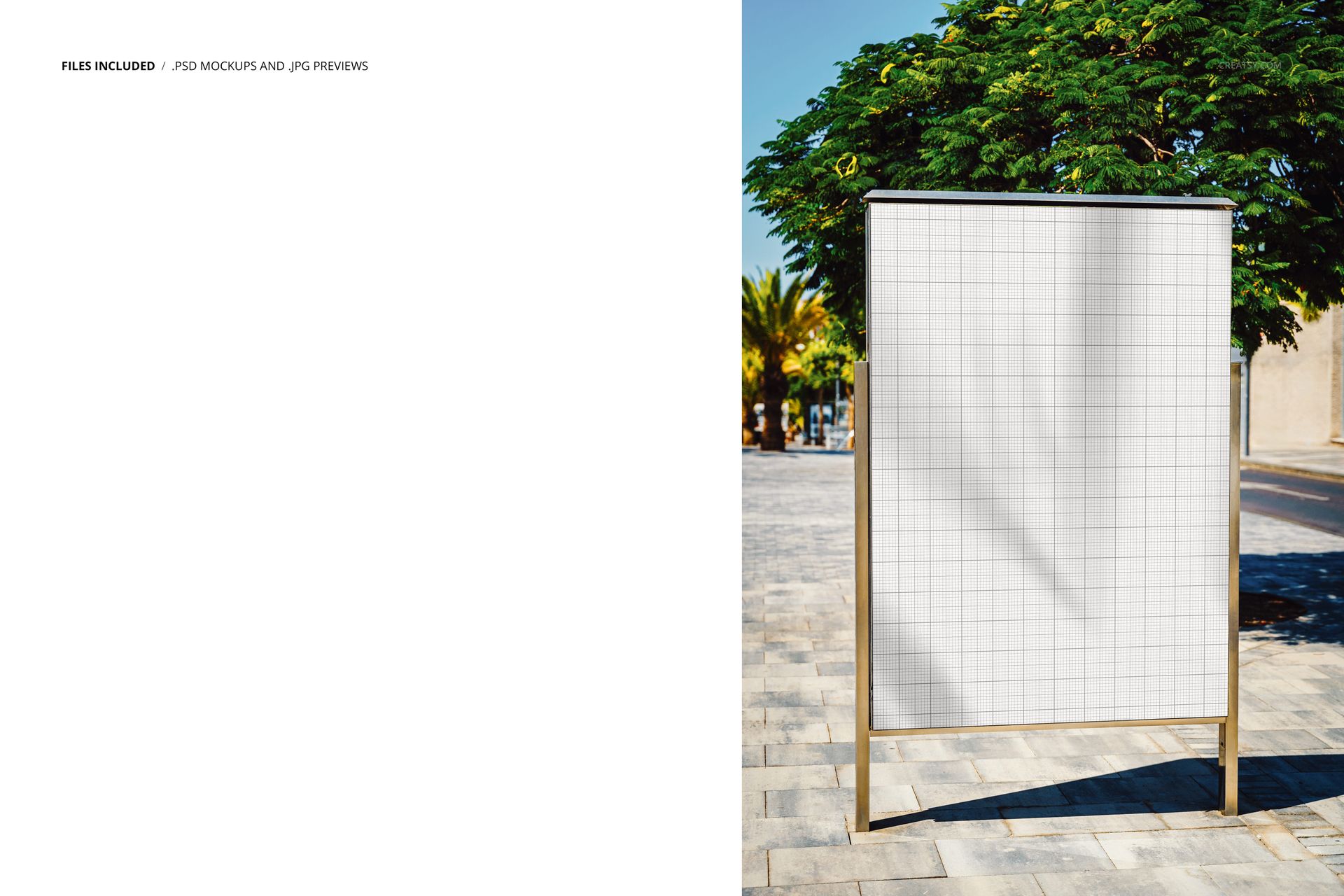 Outdoor poster mockup displayed on a metal stand, positioned on a paved city walkway with trees in the background.