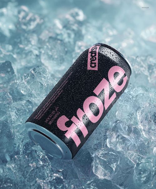 Mockup of a black and pink soda can lying on a bed of ice cubes, detailed with water droplets and cool tones.